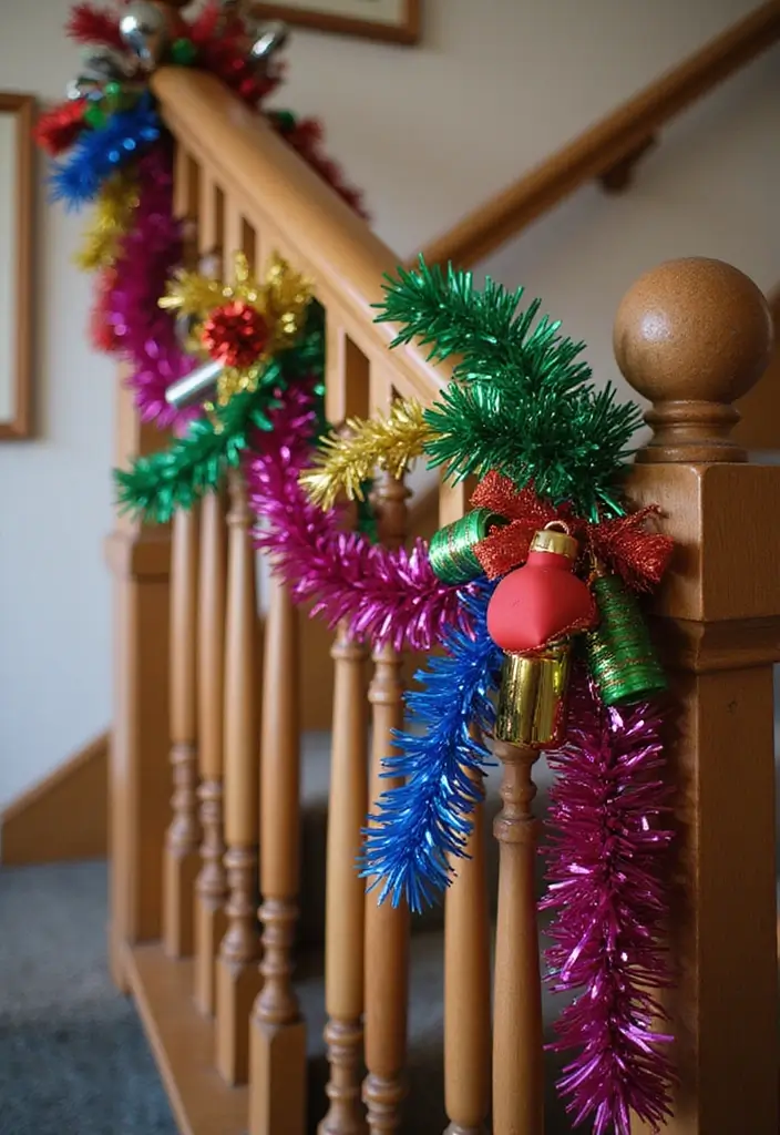 25 Christmas Banister Decoration Ideas That Look Elegant 10 25 Christmas Banister Decoration Ideas That Look Elegant - 10. Tinsel and Sparkly Ribbons