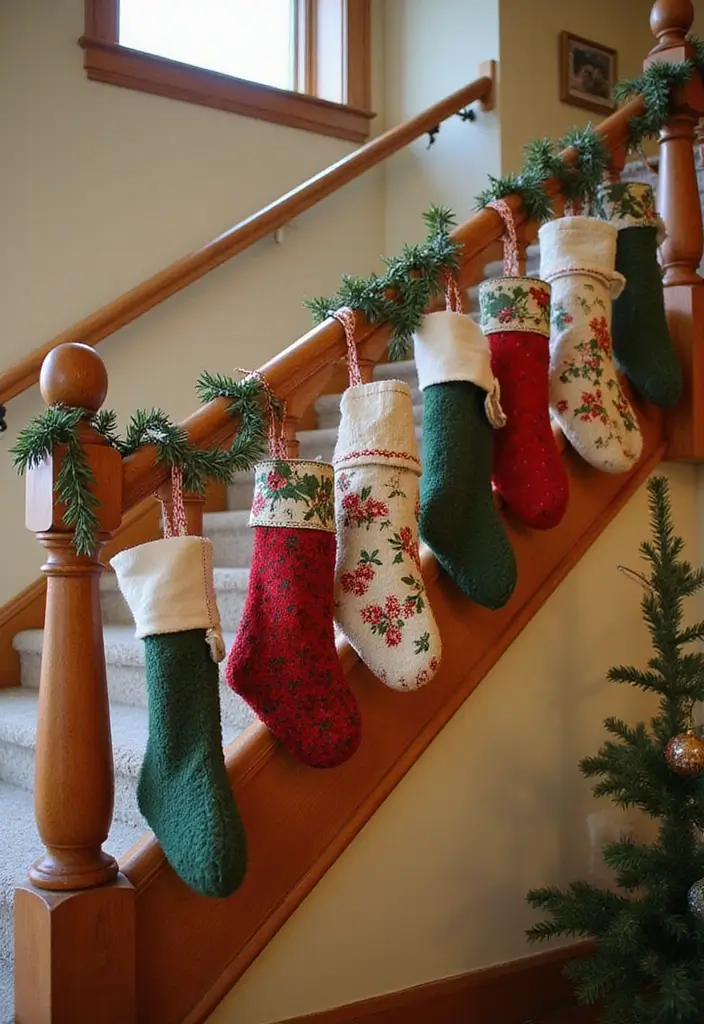 25 Christmas Banister Decoration Ideas That Look Elegant 19 25 Christmas Banister Decoration Ideas That Look Elegant - 19. Mismatched Vintage Stockings