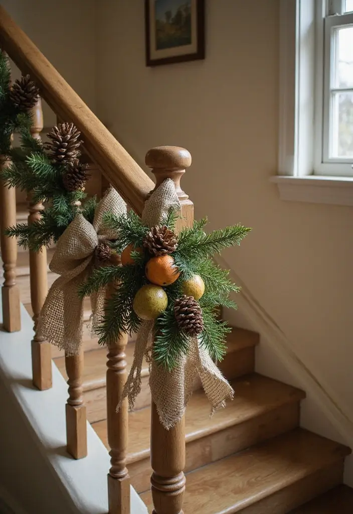 25 Christmas Banister Decoration Ideas That Look Elegant 4 25 Christmas Banister Decoration Ideas That Look Elegant - 4. Rustic Charm with Burlap and Twine