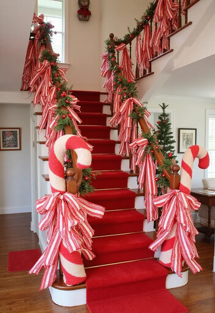 25 Christmas Banister Decoration Ideas That Look Elegant 7 25 Christmas Banister Decoration Ideas That Look Elegant - 7. Whimsical Candy Cane Theme