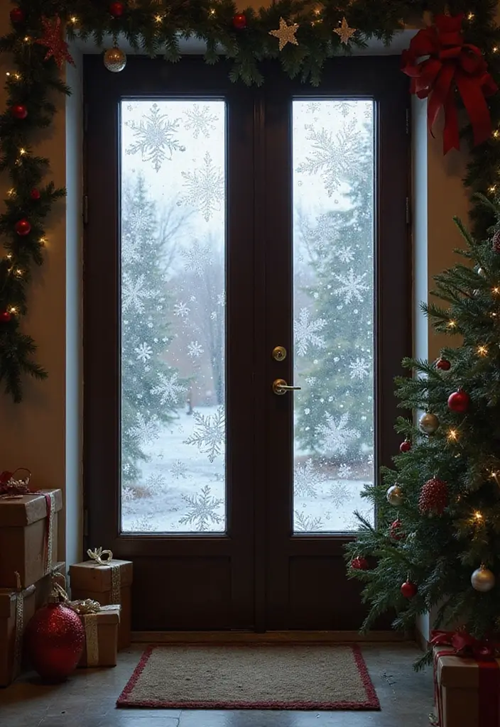 25 Christmas Door Decor Ideas to Wow Your Neighbors 15 25 Christmas Door Decor Ideas to Wow Your Neighbors - 15. Frosted Window Treatments