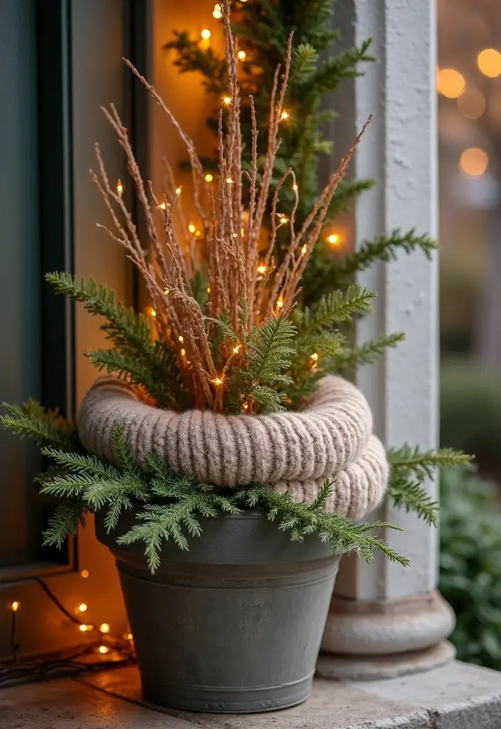25 Christmas Porch Pot Ideas That Steal the Show 11 25 Christmas Porch Pot Ideas That Steal the Show - 11. Soft and Cozy Fleece Accents