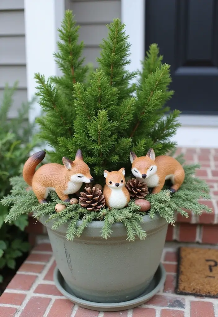 25 Christmas Porch Pot Ideas That Steal the Show 12 25 Christmas Porch Pot Ideas That Steal the Show - 12. Festive Woodland Creatures