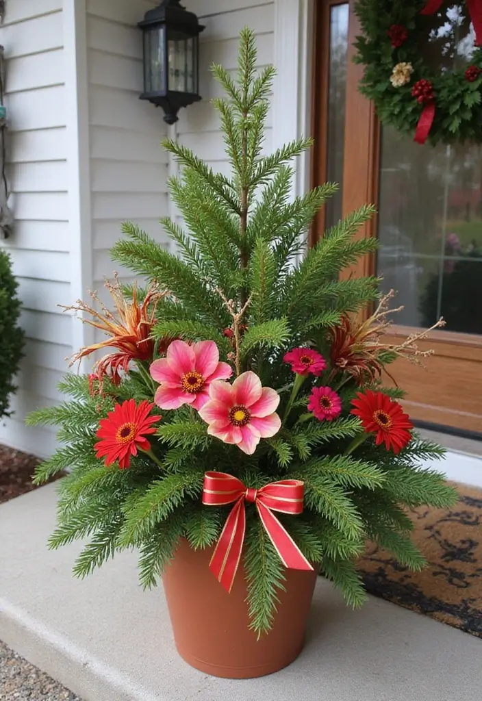 25 Christmas Porch Pot Ideas That Steal the Show 15 25 Christmas Porch Pot Ideas That Steal the Show - 15. Bright Floral Holiday Cheer