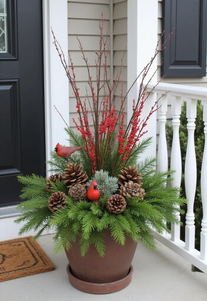 25 Christmas Porch Pot Ideas That Steal the Show 18 25 Christmas Porch Pot Ideas That Steal the Show - 18. Bright Red Cardinal Accents