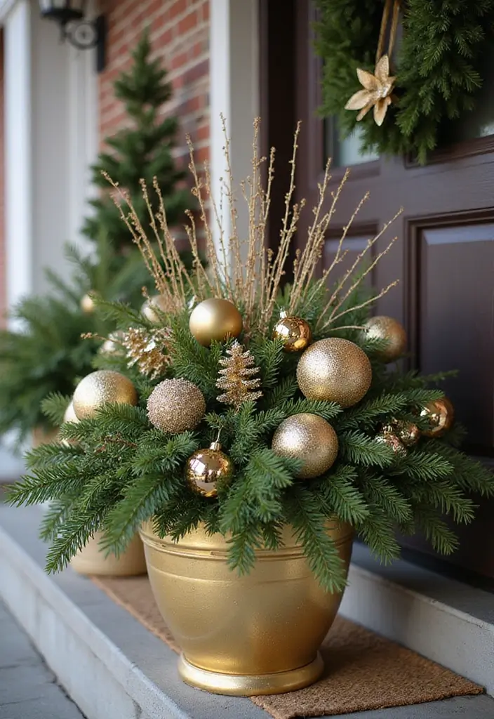 25 Christmas Porch Pot Ideas That Steal the Show 20 25 Christmas Porch Pot Ideas That Steal the Show - 20. Glistening Gold Accents