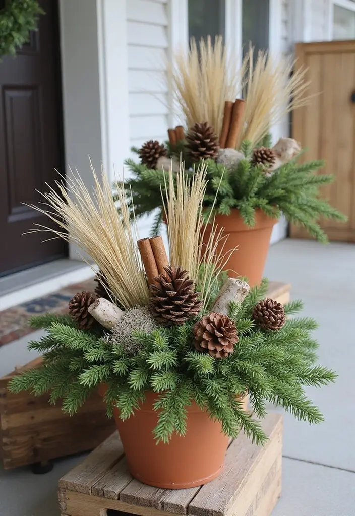 25 Christmas Porch Pot Ideas That Steal the Show 3 25 Christmas Porch Pot Ideas That Steal the Show - 3. Rustic Charm with Natural Elements