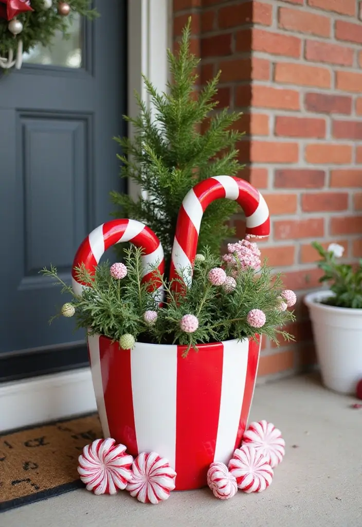 25 Christmas Porch Pot Ideas That Steal the Show 5 25 Christmas Porch Pot Ideas That Steal the Show - 5. Joyful Candy Cane Delight