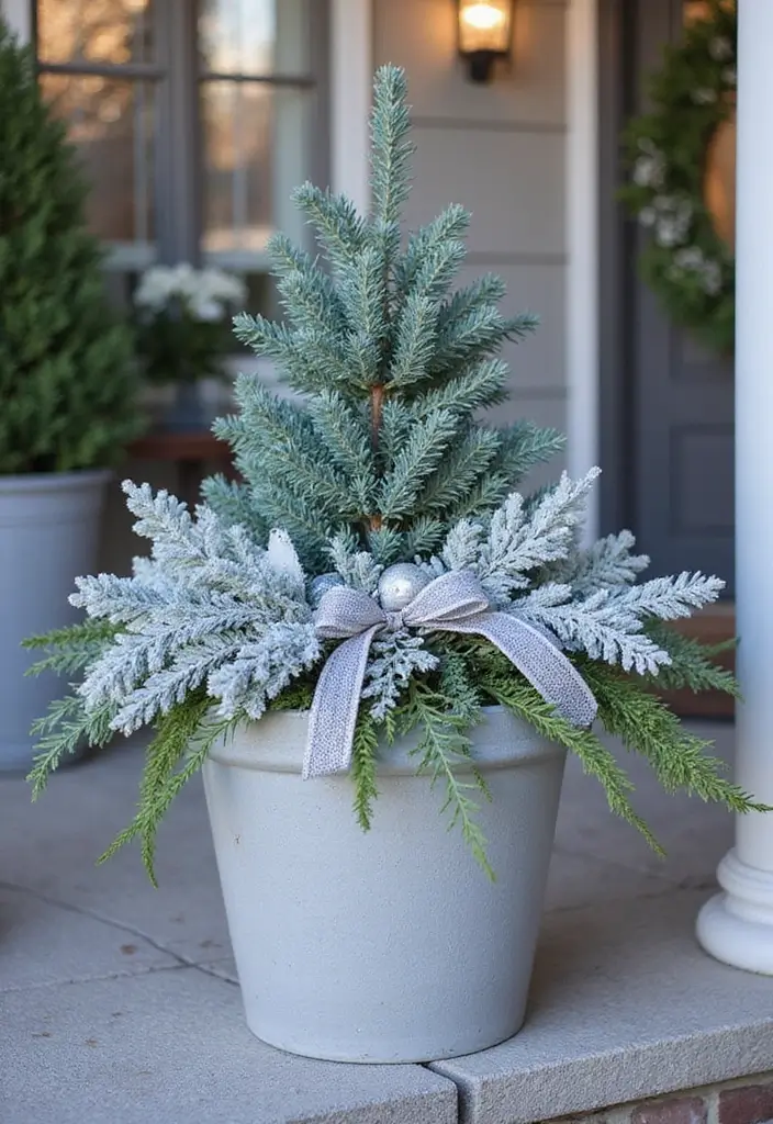 25 Christmas Porch Pot Ideas That Steal the Show 6 25 Christmas Porch Pot Ideas That Steal the Show - 6. Elegant Silver and Blue Mix