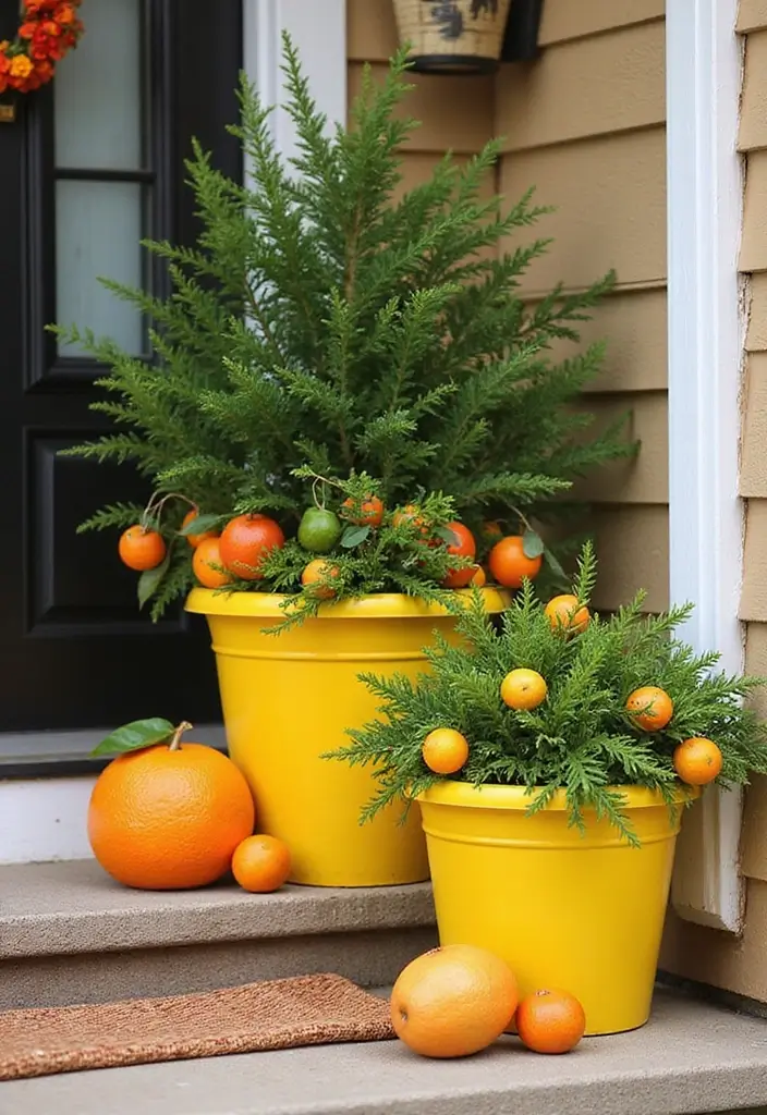 25 Christmas Porch Pot Ideas That Steal the Show 7 25 Christmas Porch Pot Ideas That Steal the Show - 7. Vibrant Citrus Sunshine