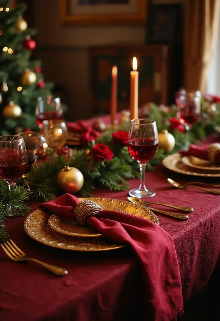 25 Christmas Table Setting Ideas for Stylish Celebrations 16 25 Christmas Table Setting Ideas for Stylish Celebrations - 16. Jewel Tones and Gold