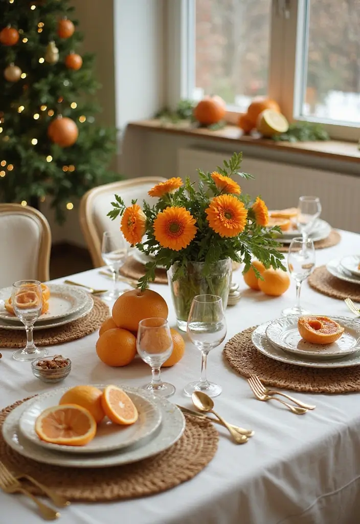 25 Christmas Table Setting Ideas for Stylish Celebrations 24 25 Christmas Table Setting Ideas for Stylish Celebrations - 24. Seasonal Citrus Touch