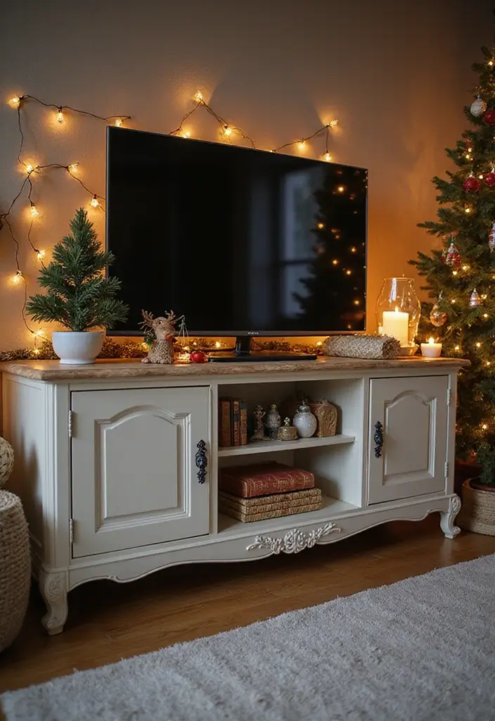 25 Cozy Christmas Room Ideas You’ll Never Forget 1 25 Cozy Christmas Room Ideas You’ll Never Forget - 1. Whimsical TV Stand Christmas Decor