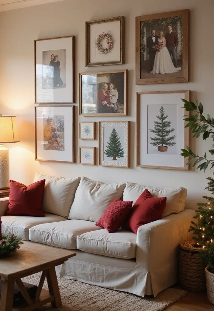 25 Cozy Living Room Christmas Decor Ideas to Try 4 25 Cozy Living Room Christmas Decor Ideas to Try - 4. Seasonal Gallery Wall