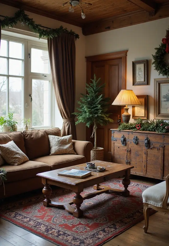 25 Cozy Living Room Christmas Decor Ideas to Try 8 25 Cozy Living Room Christmas Decor Ideas to Try - 8. Vintage Furniture Touches