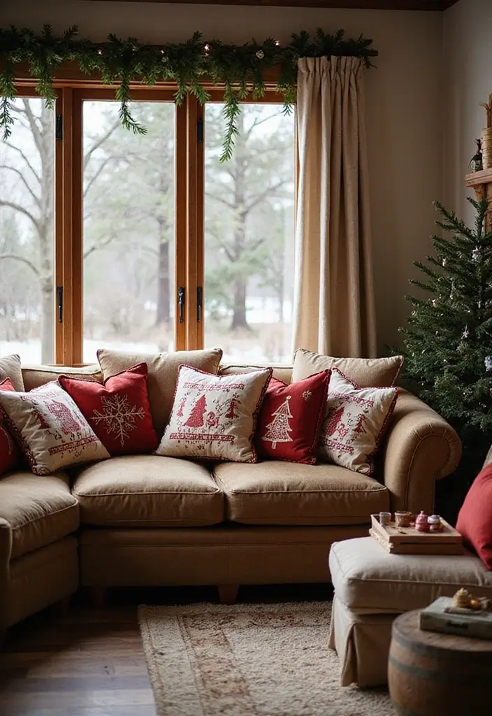 26 Farmhouse Christmas Decor Ideas with Rustic Charm 12 26 Farmhouse Christmas Decor Ideas with Rustic Charm - 12. Seasonal Throw Pillows