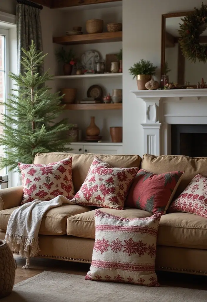 26 Farmhouse Christmas Decor Ideas with Rustic Charm 26 26 Farmhouse Christmas Decor Ideas with Rustic Charm - 26. Seasonal Cushions