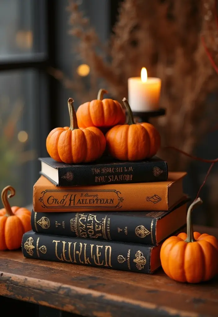 26 Halloween Centerpiece Ideas That Make an Impact 19 26 Halloween Centerpiece Ideas That Make an Impact - 19. Halloween Book Stack
