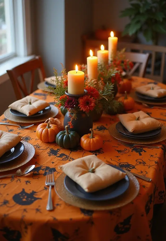 26 Halloween Centerpiece Ideas That Make an Impact 26 26 Halloween Centerpiece Ideas That Make an Impact - 26. Seasonal Tablecloths