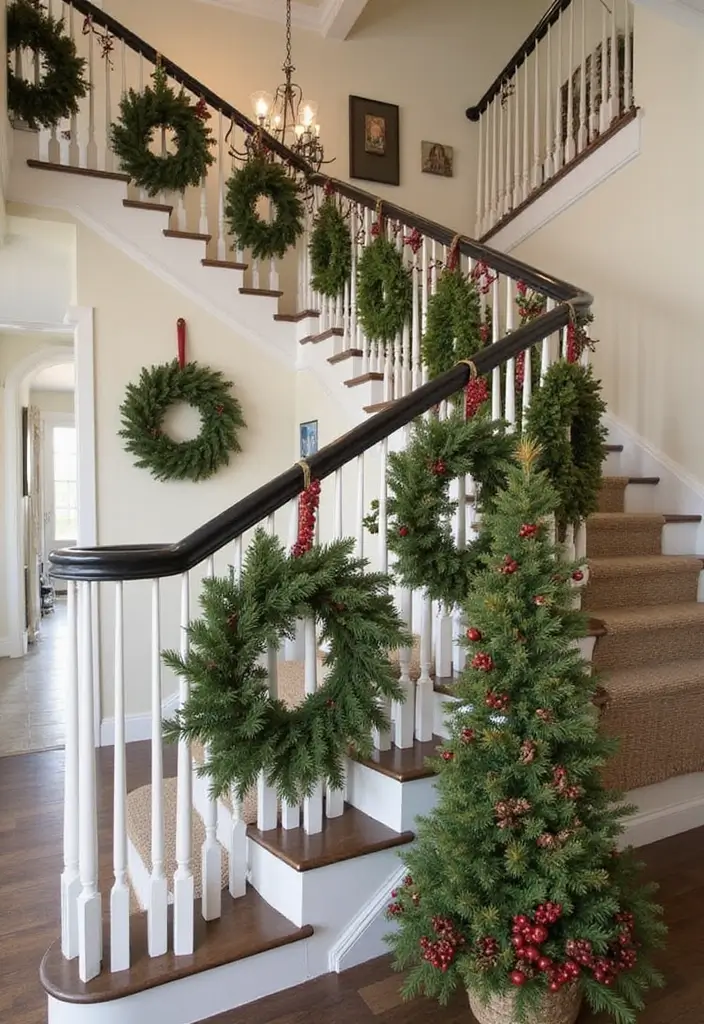 26 Staircase Christmas Decor Ideas Full of Charm 10 26 Staircase Christmas Decor Ideas Full of Charm - 10. Seasonal Wreaths