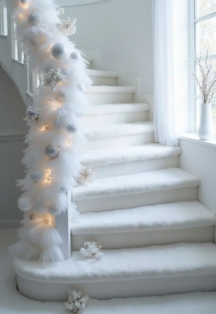 26 Staircase Christmas Decor Ideas Full of Charm 7 26 Staircase Christmas Decor Ideas Full of Charm - 7. Snowy White Accents