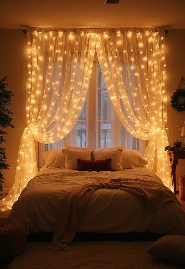 27 Christmas Bedroom Decor Ideas That Feel Extra Magical 1 27 Christmas Bedroom Decor Ideas That Feel Extra Magical - 1. Twinkling Fairy Light Canopies