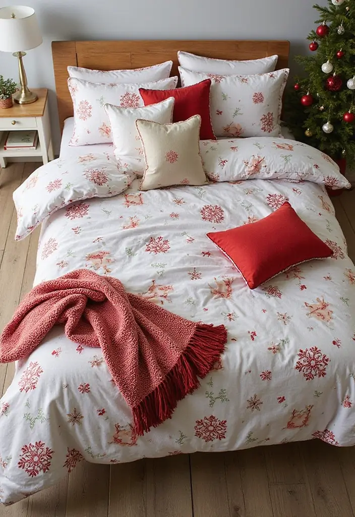 27 Christmas Bedroom Decor Ideas That Feel Extra Magical 2 27 Christmas Bedroom Decor Ideas That Feel Extra Magical - 2. Adorable Christmas-Themed Bedding