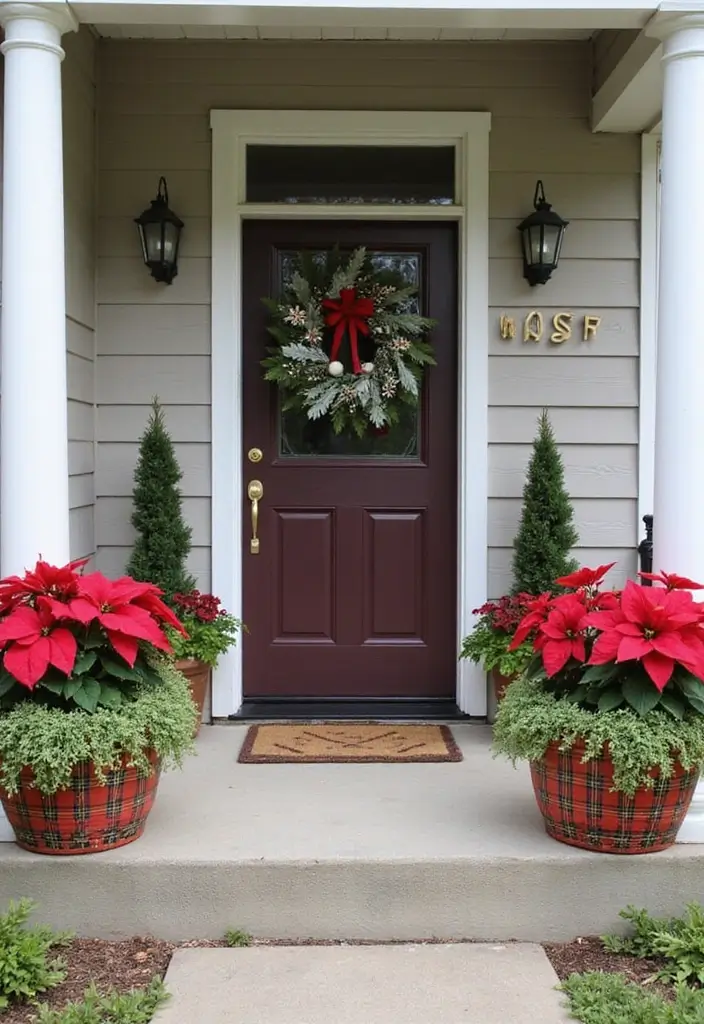 27 Christmas Front Porch Decor Ideas to Welcome Guests 13 27 Christmas Front Porch Decor Ideas to Welcome Guests - 13. Holiday-Themed Planters