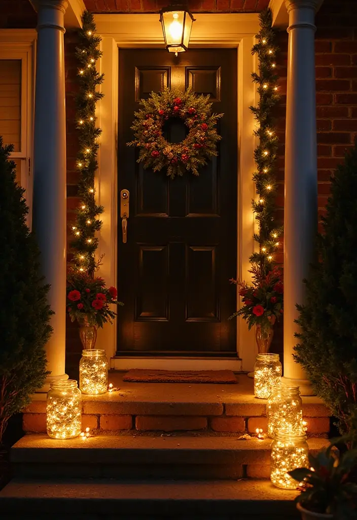 27 Christmas Front Porch Decor Ideas to Welcome Guests 15 27 Christmas Front Porch Decor Ideas to Welcome Guests - 15. Christmas Lights in Mason Jars