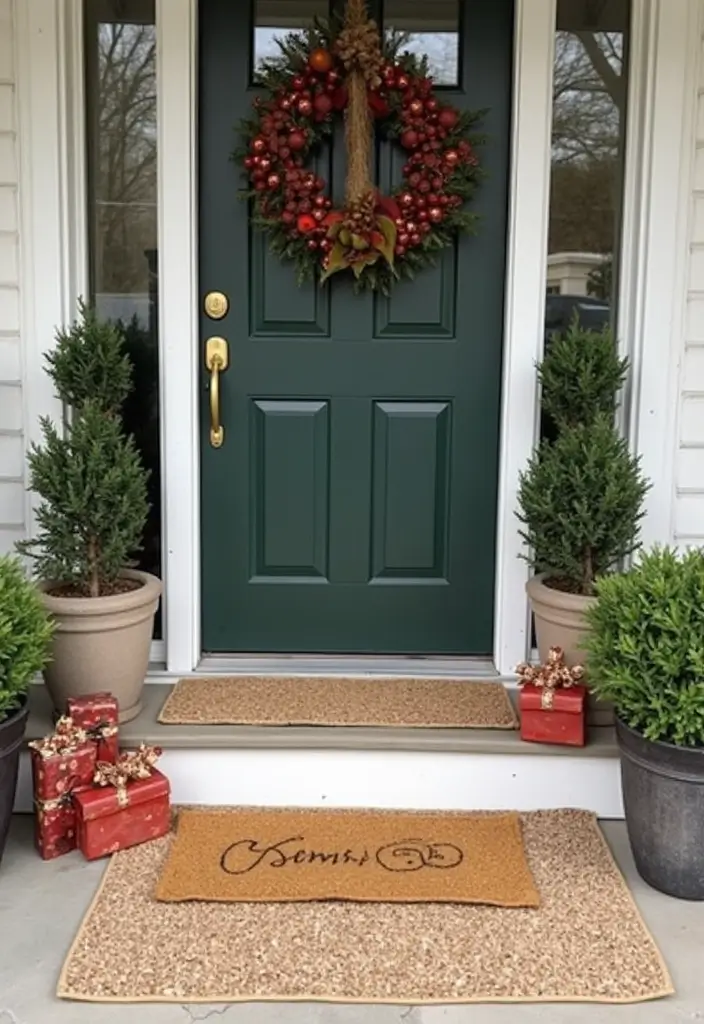 27 Christmas Front Porch Decor Ideas to Welcome Guests 21 27 Christmas Front Porch Decor Ideas to Welcome Guests - 21. Layered Rugs
