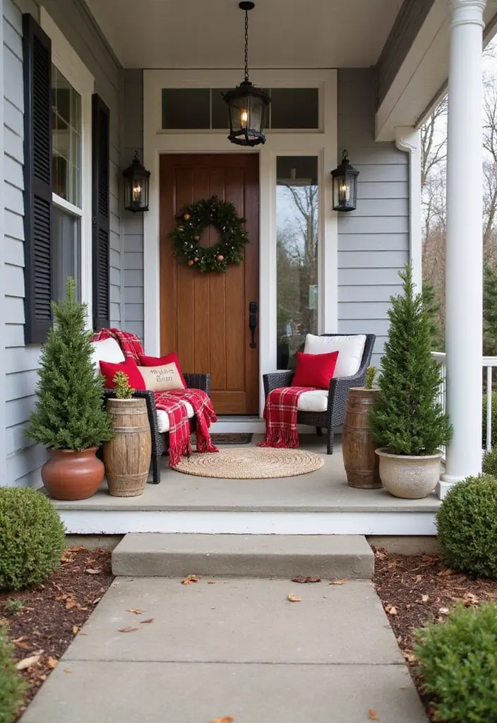 27 Christmas Front Porch Decor Ideas to Welcome Guests 27 27 Christmas Front Porch Decor Ideas to Welcome Guests - 27. Festive Outdoor Seating