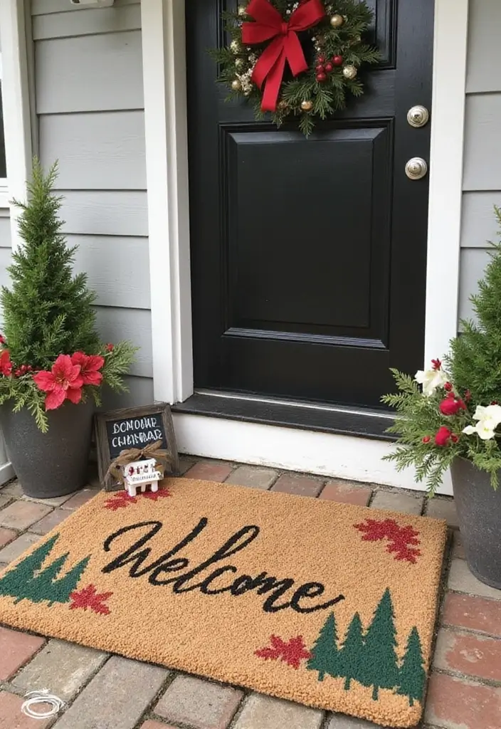 27 Christmas Front Porch Decor Ideas to Welcome Guests 7 27 Christmas Front Porch Decor Ideas to Welcome Guests - 7. Festive Welcome Mats