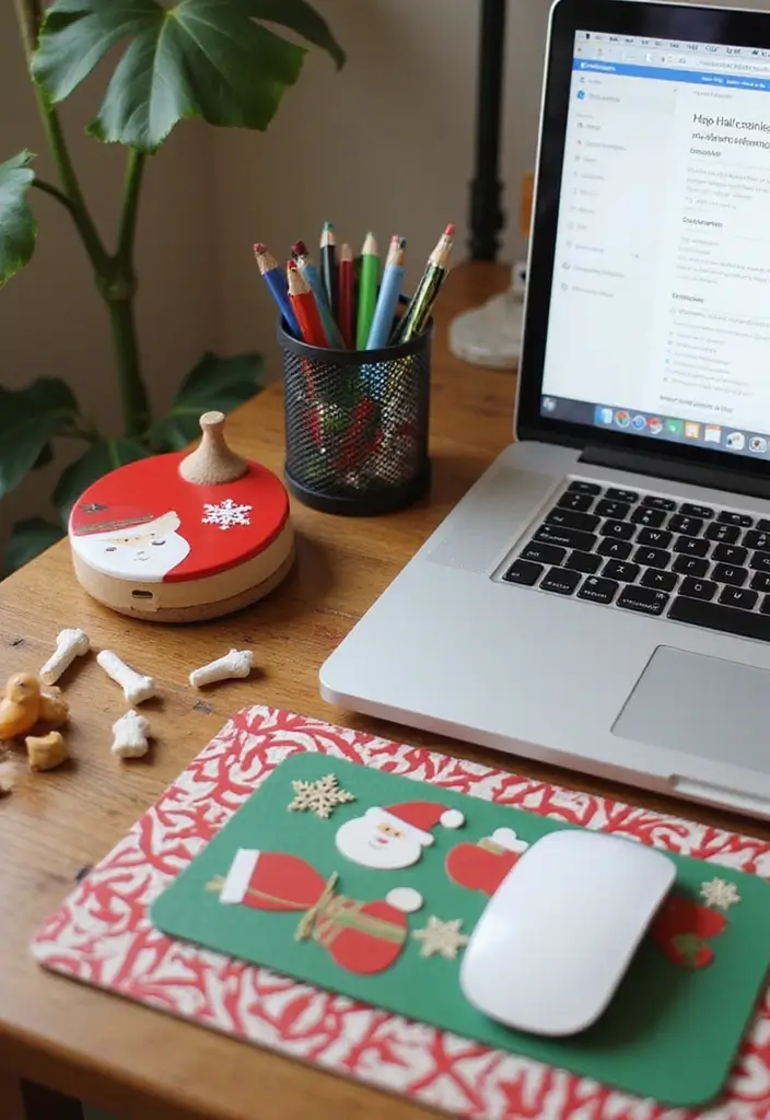 27 Christmas Office Decor Ideas That Feel Cheerful 12 27 Christmas Office Decor Ideas That Feel Cheerful - 12. Themed Desk Accessories
