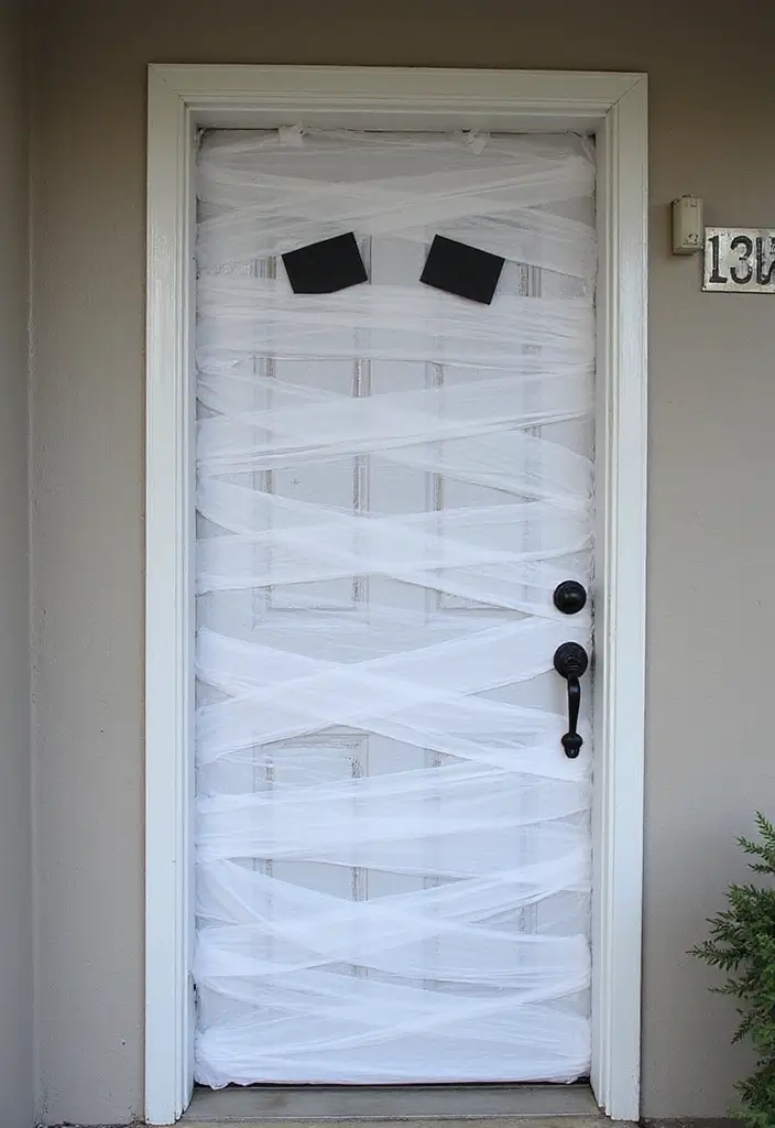 27 Halloween Door Decoration Ideas You Can DIY Fast 11. Mummy Door Wrap