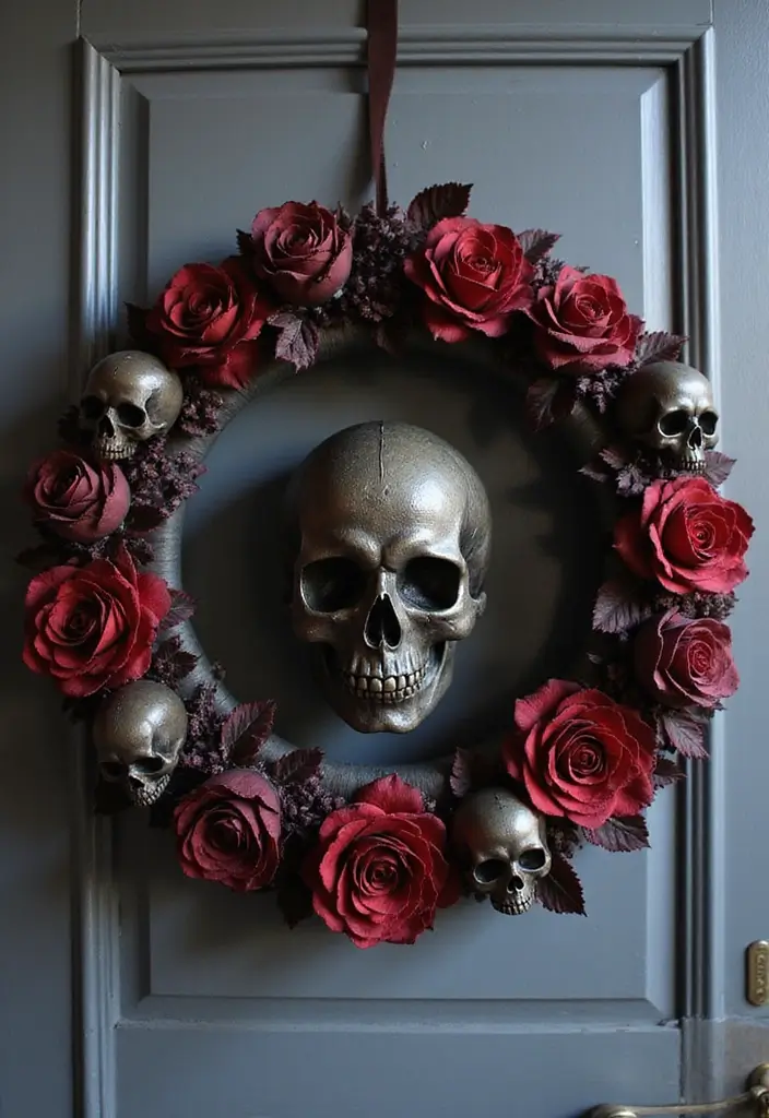 27 Halloween Door Decoration Ideas You Can DIY Fast 12. Skull and Roses Wreath