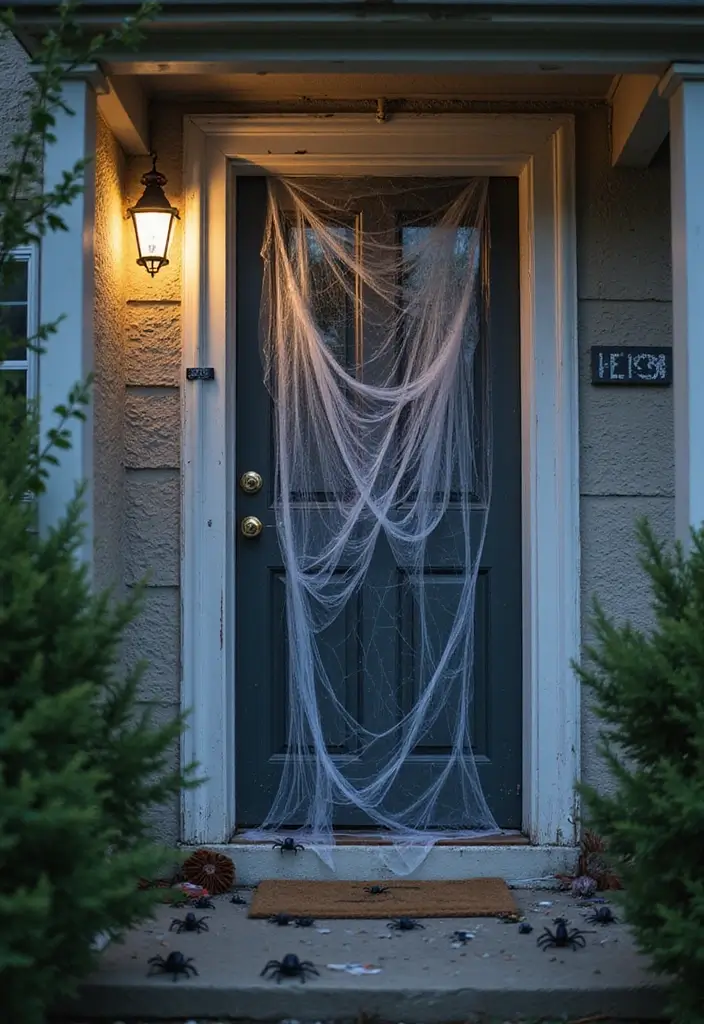 27 Halloween Door Decoration Ideas You Can DIY Fast 23. Creepy Crawling Cobwebs