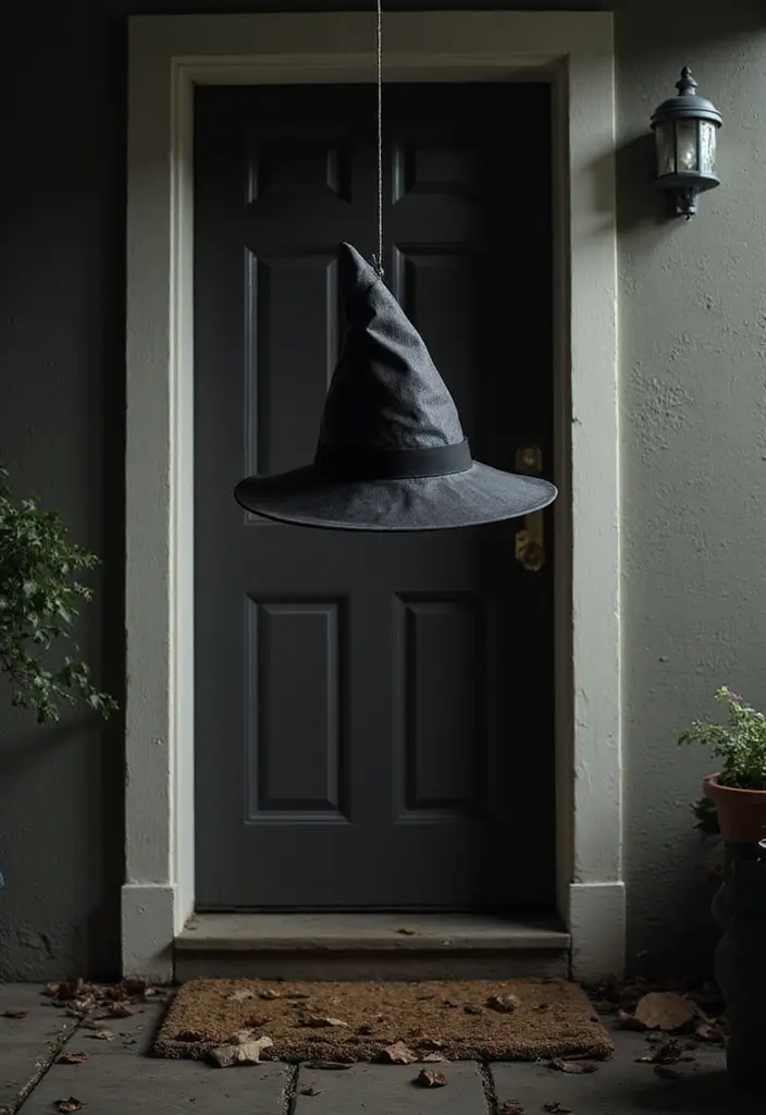 27 Halloween Door Decoration Ideas You Can DIY Fast 25. Floating Witchs Hat
