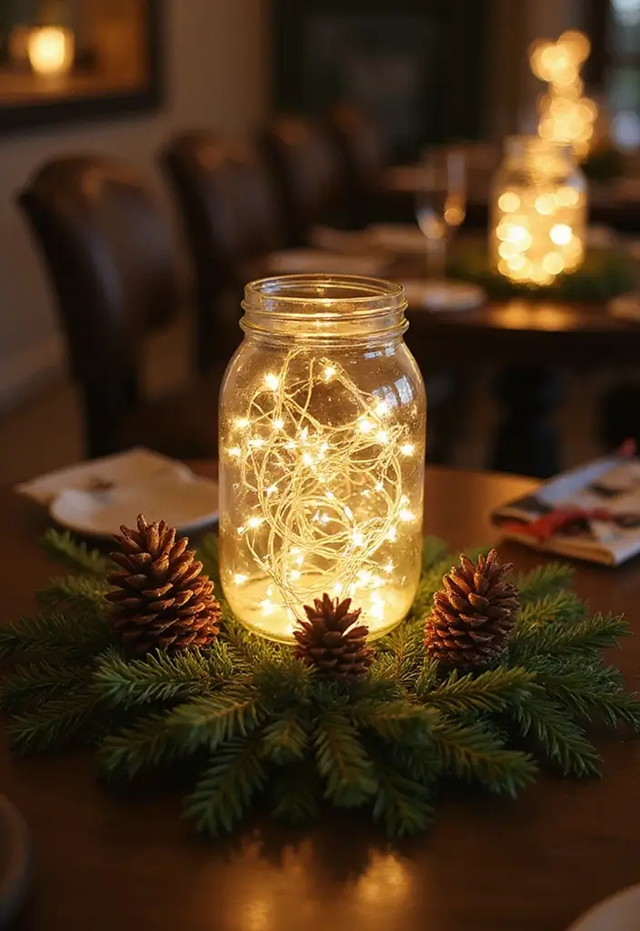 27 Round Table Christmas Centerpiece Ideas That Shine - 12. Whimsical Fairy Light Jar