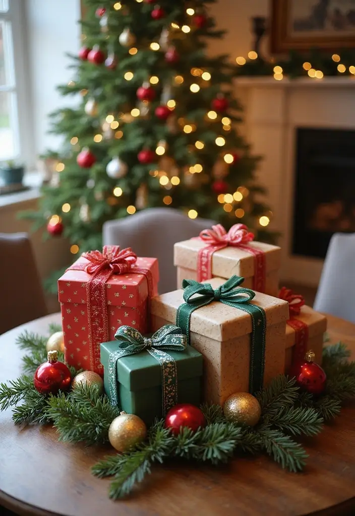 27 Round Table Christmas Centerpiece Ideas That Shine - 13. Themed Gift Box Centerpiece
