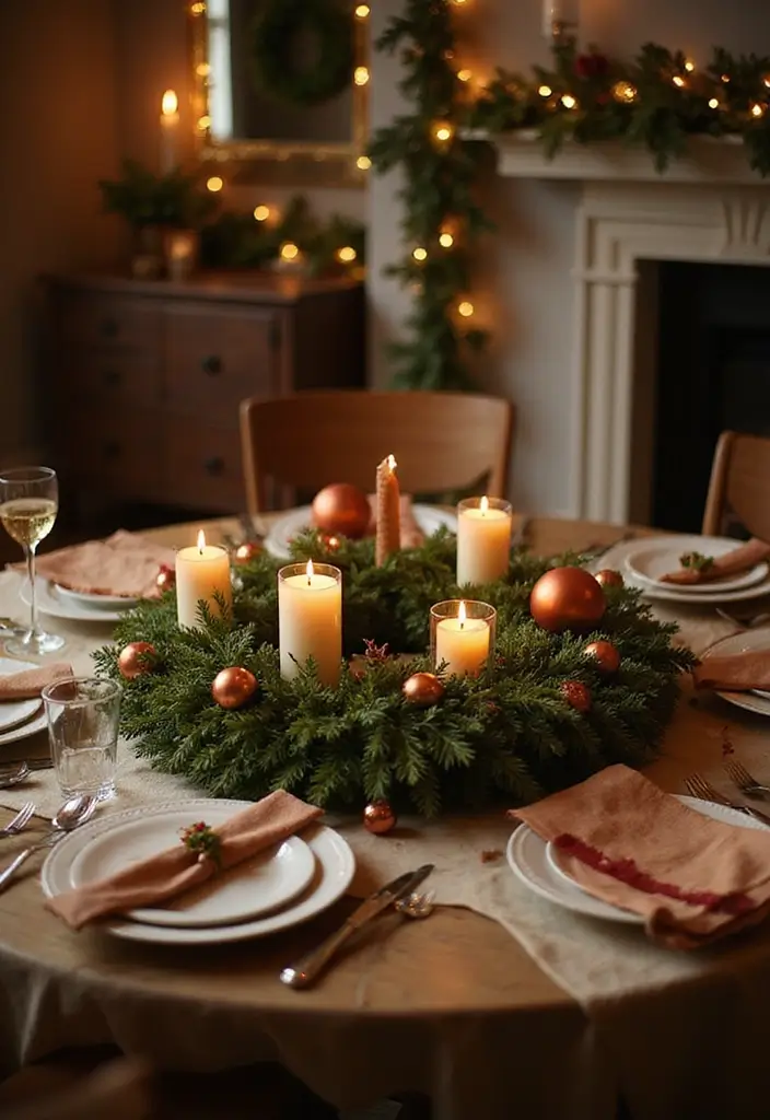 27 Round Table Christmas Centerpiece Ideas That Shine - 16. Holiday Wreath Centerpiece