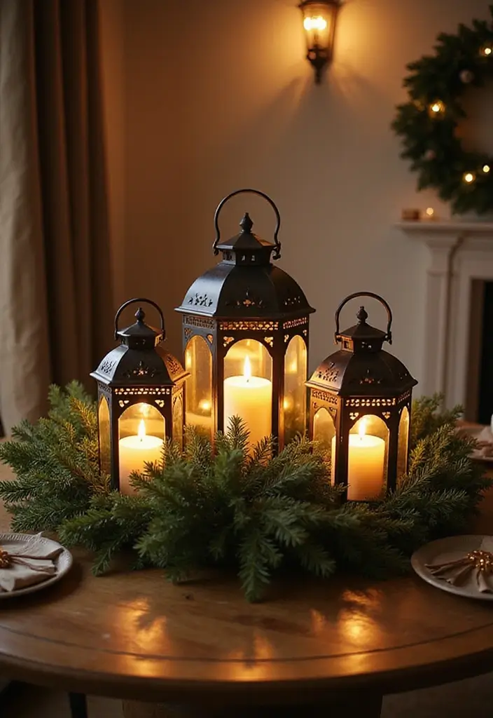 27 Round Table Christmas Centerpiece Ideas That Shine - 17. Lantern and Greenery Fusion