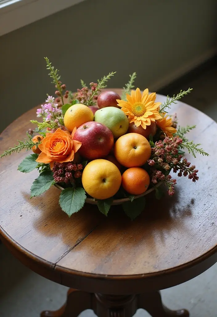 27 Round Table Christmas Centerpiece Ideas That Shine - 2. Festive Fruit and Floral Mix