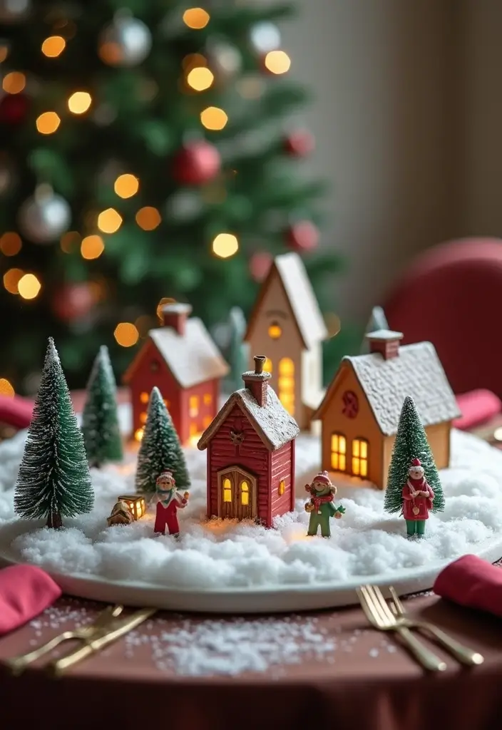 27 Round Table Christmas Centerpiece Ideas That Shine - 20. Holiday Village Centerpiece