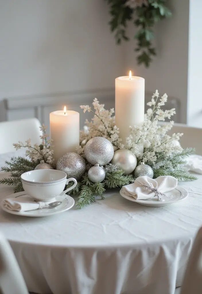 27 Round Table Christmas Centerpiece Ideas That Shine - 21. Silver and White Theme