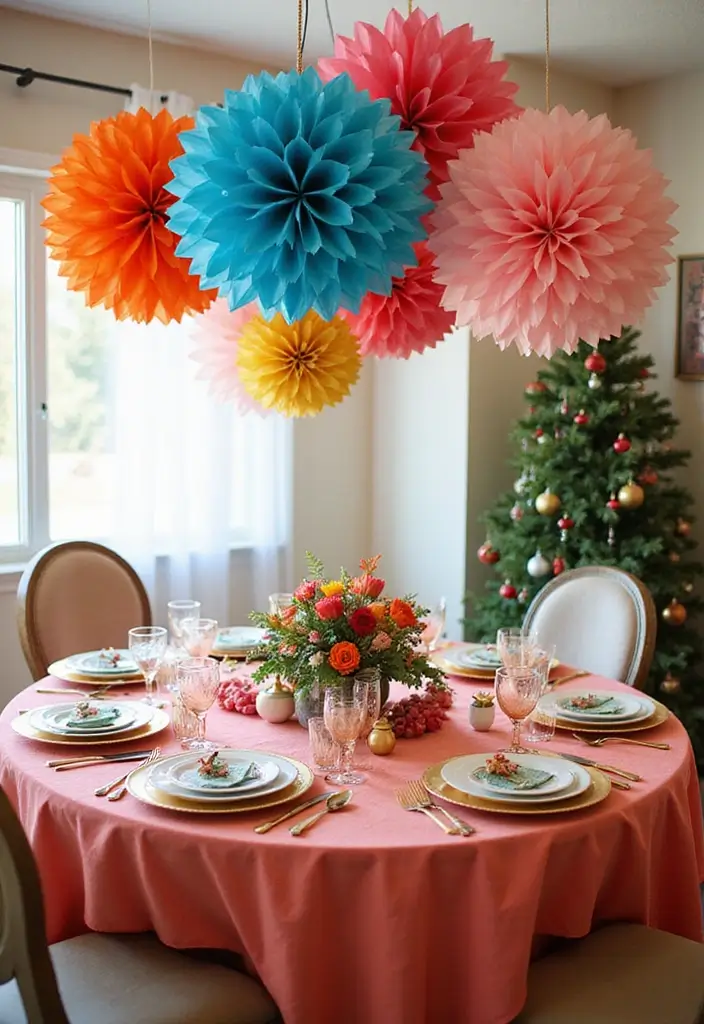 27 Round Table Christmas Centerpiece Ideas That Shine - 24. Colorful Tissue Paper Pompoms