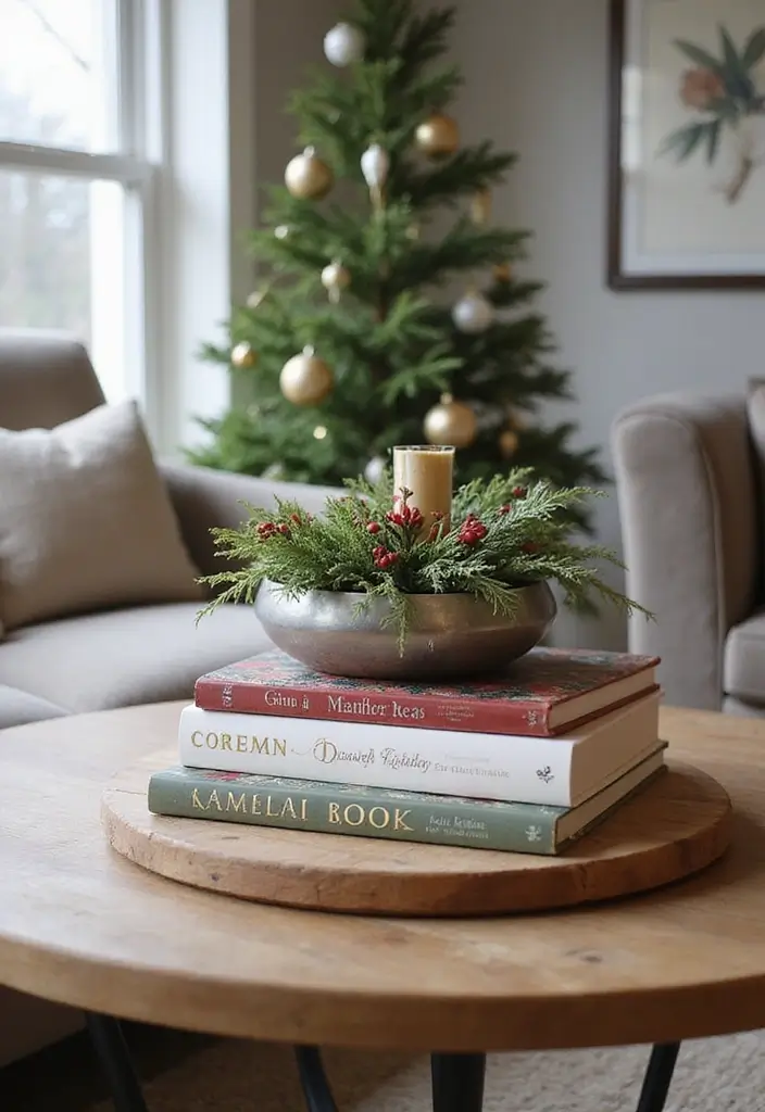 27 Round Table Christmas Centerpiece Ideas That Shine - 27. Seasonal Coffee Table Book Display