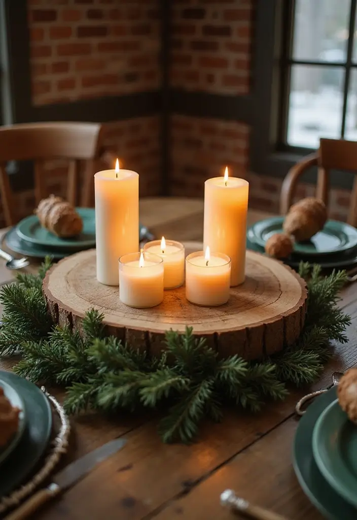 27 Round Table Christmas Centerpiece Ideas That Shine - 3. Rustic Wood Slice Display