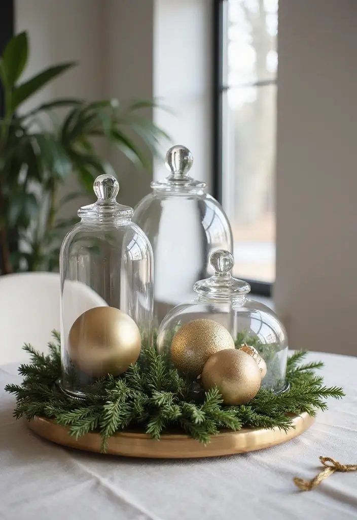 27 Round Table Christmas Centerpiece Ideas That Shine - 4. Elegant Glass Cloche Arrangement