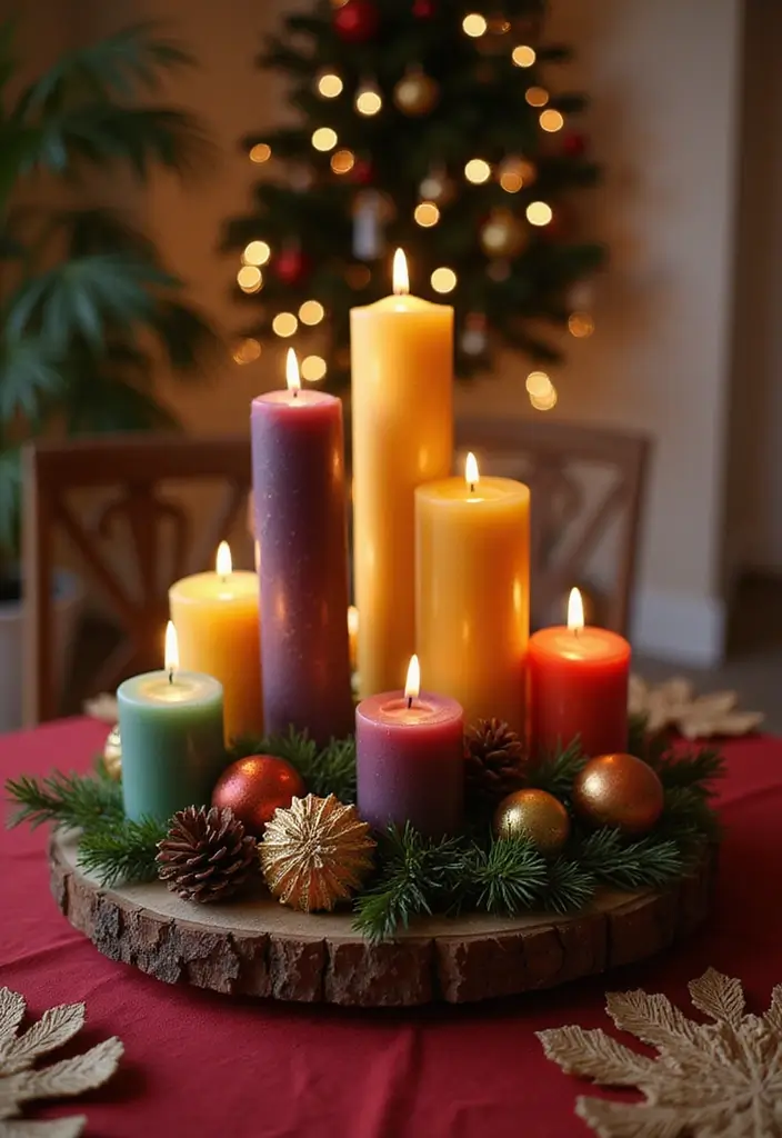 27 Round Table Christmas Centerpiece Ideas That Shine - 5. Colorful Candle Arrangement