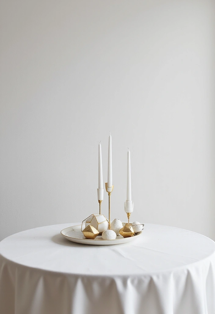 27 Round Table Christmas Centerpiece Ideas That Shine - 7. Minimalist White and Gold Design